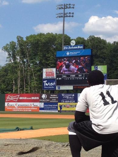 James Jones and all the Generals pause during batting practice Saturday to watch Brandon Bantz' first MLB at-bat.