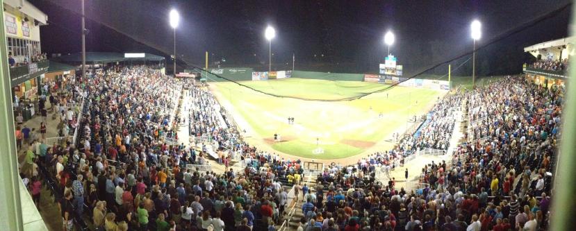 Panoramic view from broadcast booth of last night's crowd of 6,496.