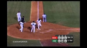 5 seconds later Chris Taylor scores after a wild throw by Lookouts pitcher Steve Smith. 